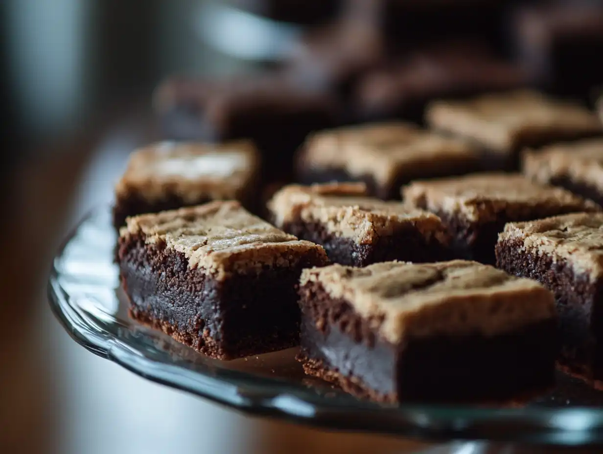 Close-up of brookies with distinct layers of fudgy brownies and chewy cookie tops.