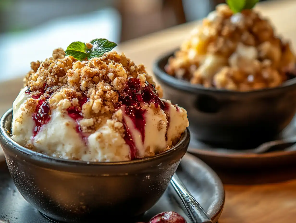 A side-by-side comparison of crumble and streusel toppings on desserts.
