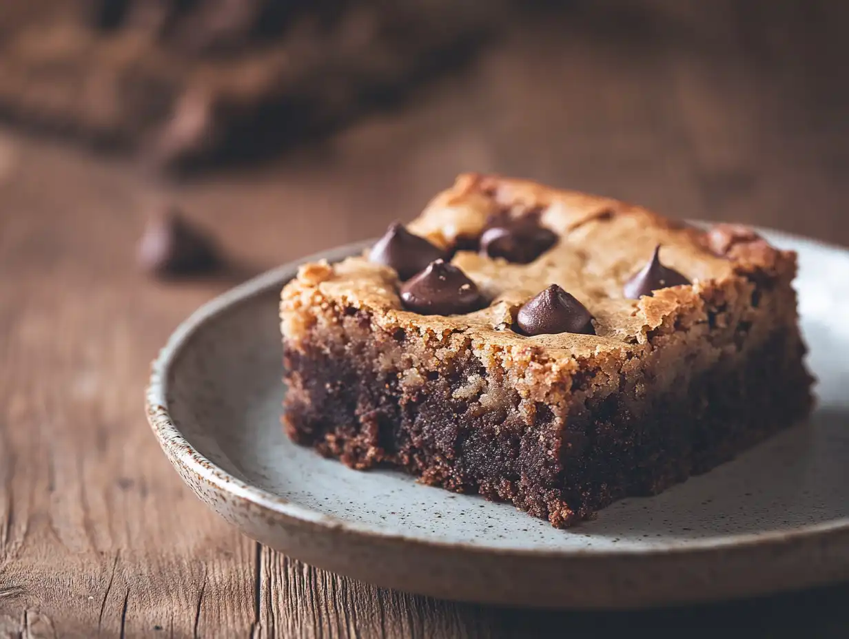 Close-up of a brookie slice with chocolate chips on a ceramic plate.