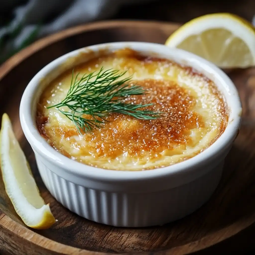 Close-up of crab brûlée in a white ramekin with a golden caramelized sugar crust, garnished with dill and served with a lemon wedge on a rustic wooden plate