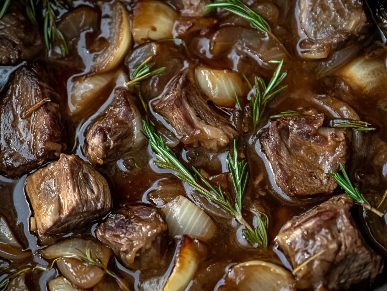 Braised short ribs in a rich sauce with onions and sprigs of rosemary.