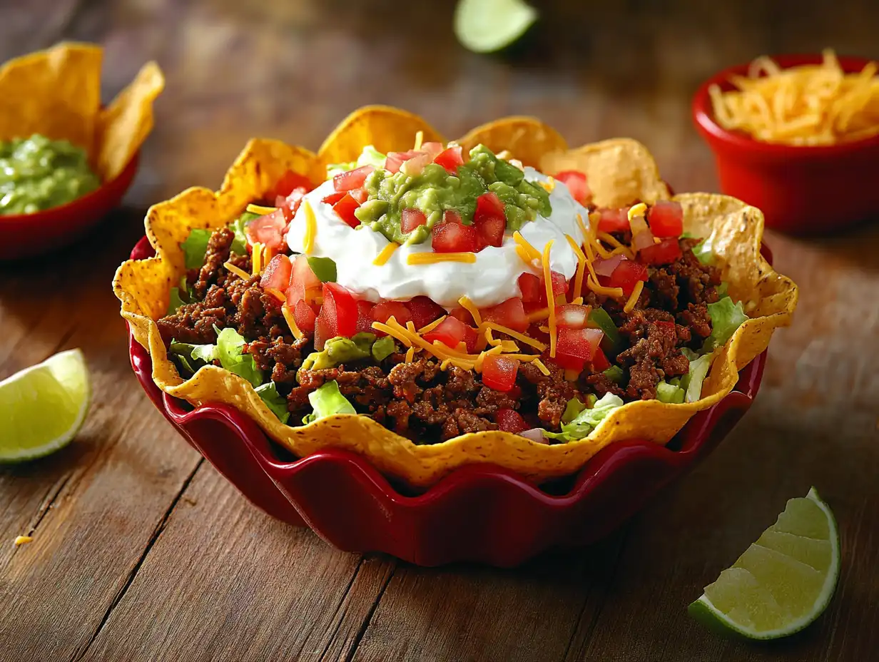 A vibrant taco bowl with fresh vegetables, seasoned protein, and toppings in a crispy tortilla shell.