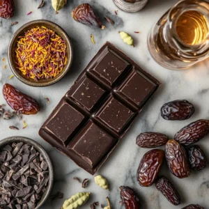: Ingredients for making Dubai chocolate bars, including saffron, chocolate, and rose