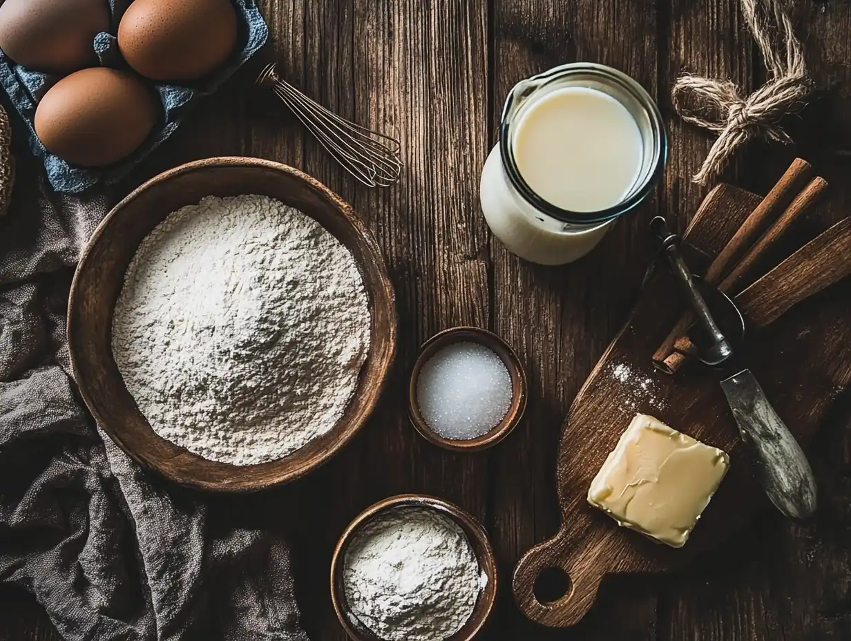 Ingredients for making mini pancakes arranged on a countertop.