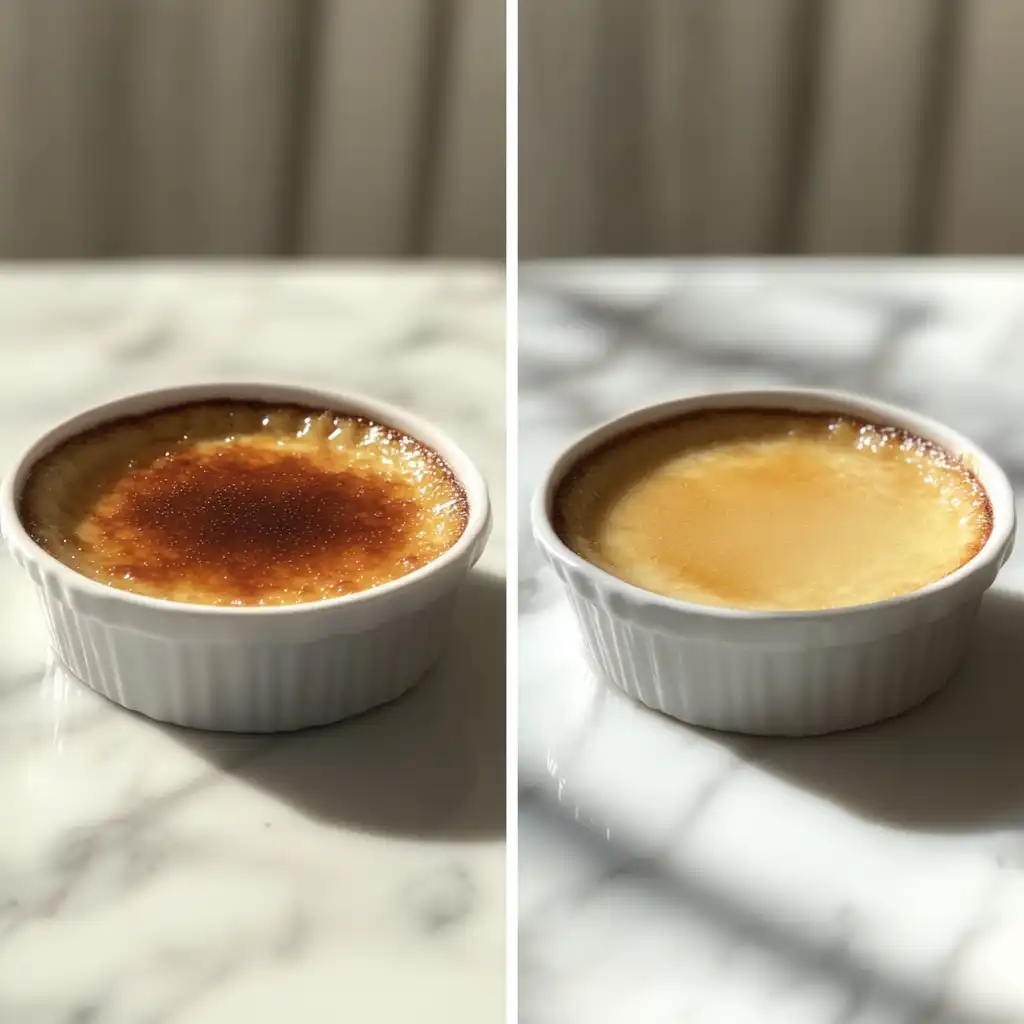 Alt Text: Crème brûlée and custard served side by side on a table. Title: Crème Brûlée vs. Custard: Key Differences Caption: Crème brûlée and custard—two desserts, one shared history. Description: A crème brûlée with its caramelized crust and a bowl of creamy custard, garnished with fresh berries.