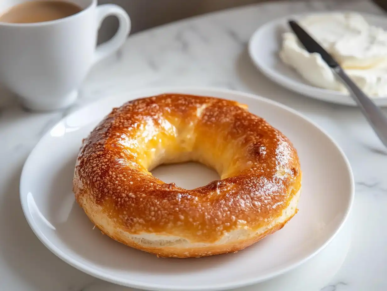 A close-up of a freshly baked egg bagel on white dish served whit cream cheese
