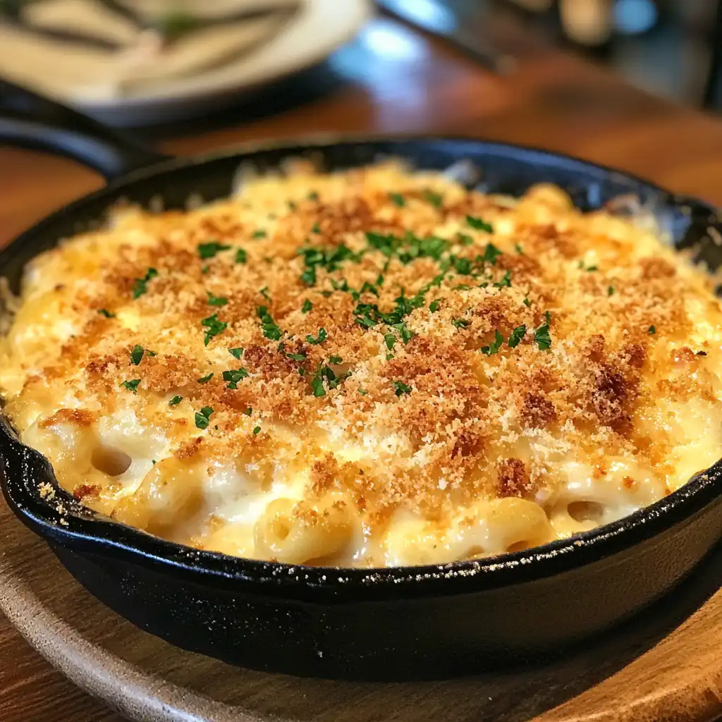 Gourmet macaroni and cheese served in a skillet with toppings.