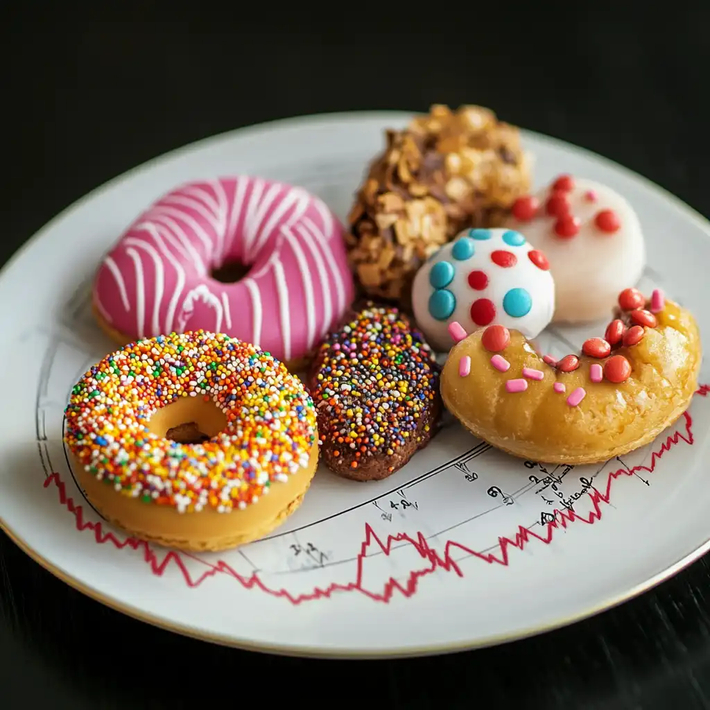 A plate of colorful donuts with sprinkles and icing, placed on a chart symbolizing fluctuating blood sugar levels.