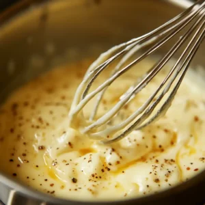 A pot of cheese sauce being stirred with a whisk.