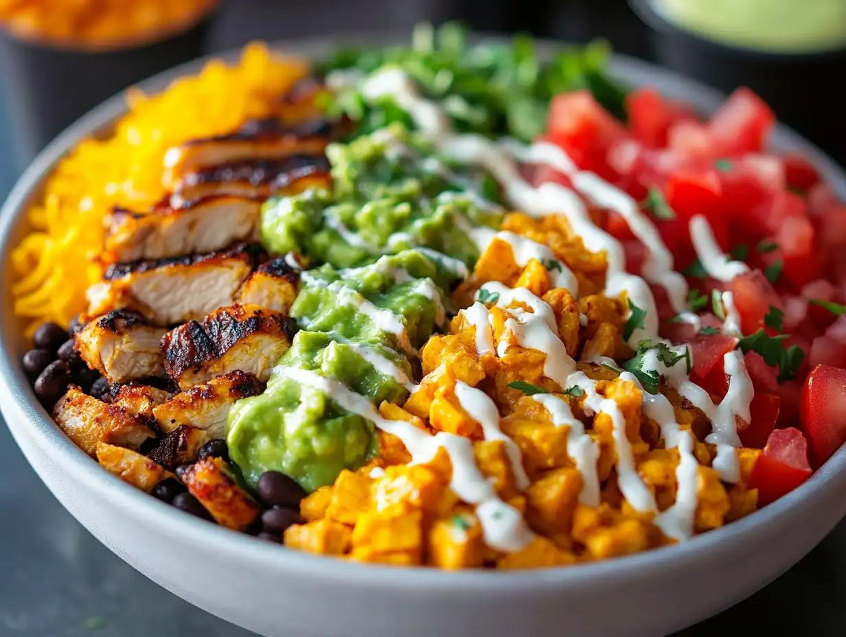 Taco Bell bowl with fresh toppings, chicken, and creamy sauce