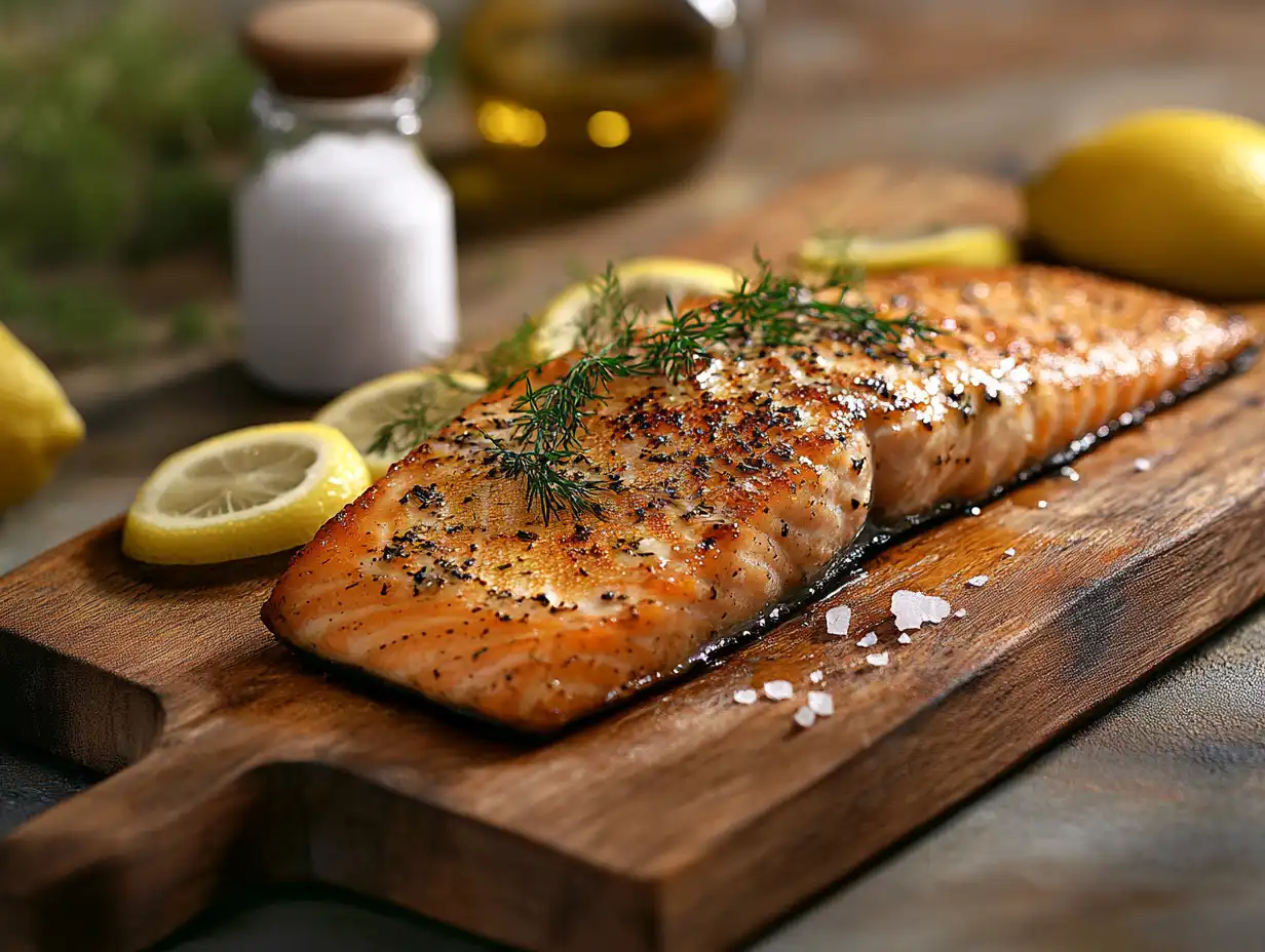 Freshly cooked trout on a wooden serving board with lemon wedges and herbs.