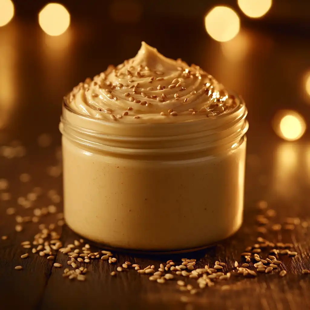 A jar of smooth tahini next to sesame seeds.