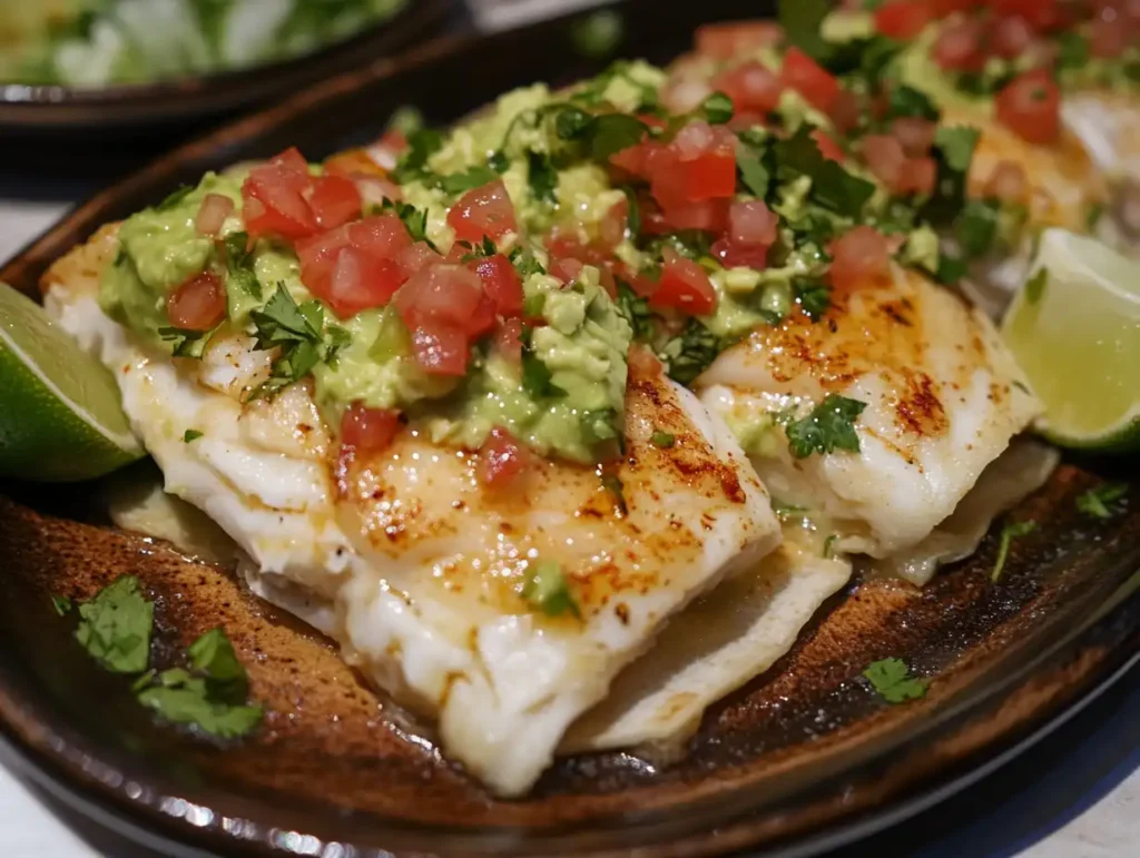 Rockfish and tilapia tacos on a wooden serving platter.