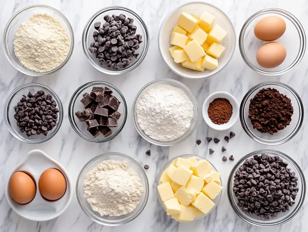 A top-down view of neatly arranged brookie ingredients, including chocolate chips, butter, eggs, flour, cocoa powder, and sugar on a marble surface.