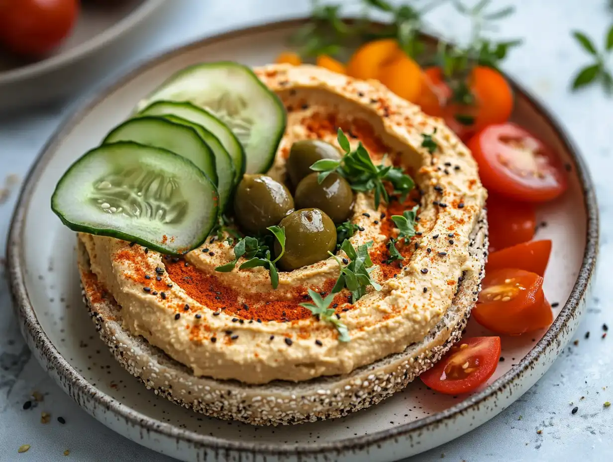 Plain bagels with vegan toppings like hummus and cucumber.