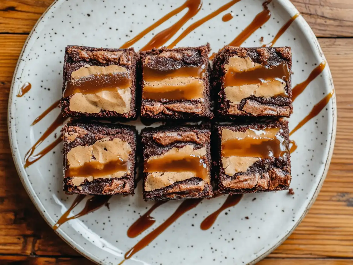 Brookies cut into squares, topped with caramel drizzle on a white plate with a speckled design