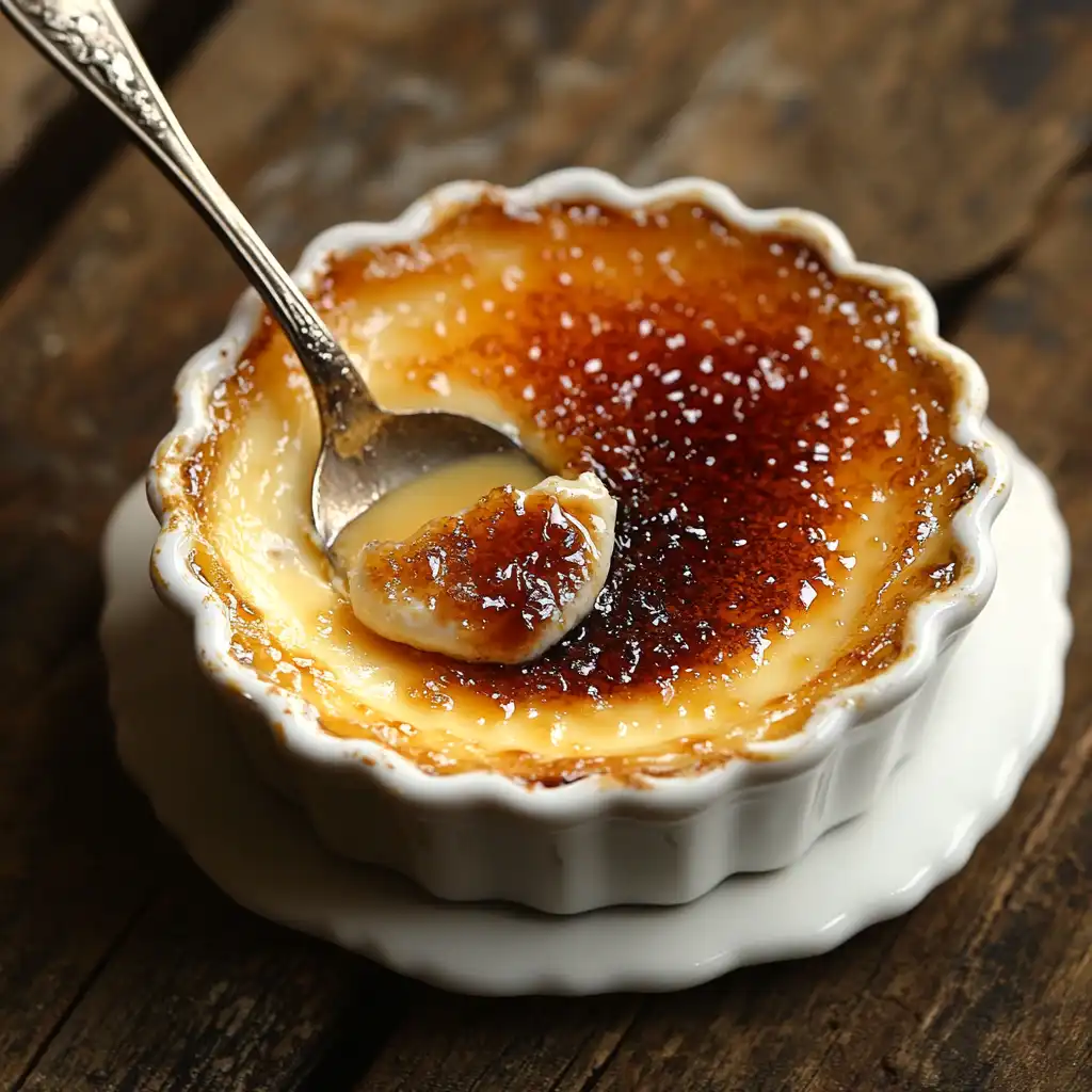 A classic crème brûlée with a perfectly caramelized golden crust and a spoon cracking the surface.