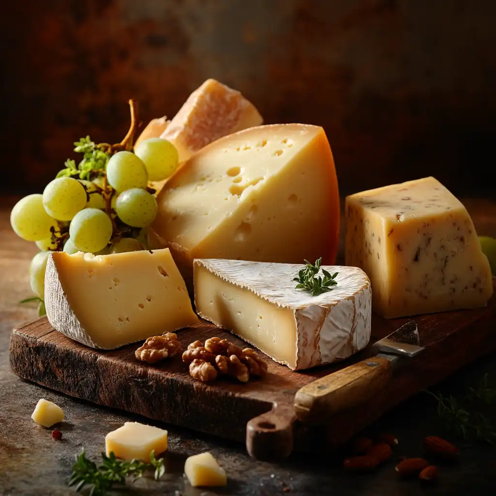 Tini’s favorite cheeses on a wooden board.