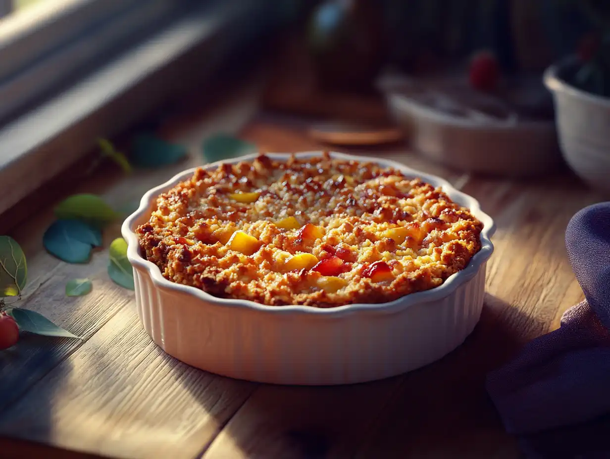A freshly baked crumble in a ceramic dish, topped with golden crumbs and vibrant fruit filling.
