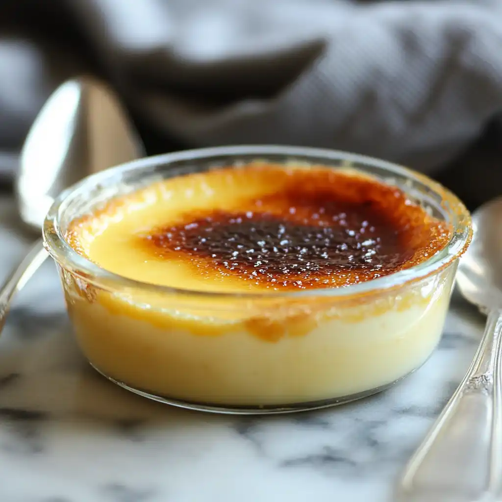 Layers of crème brûlée, caramelized sugar, and custard.