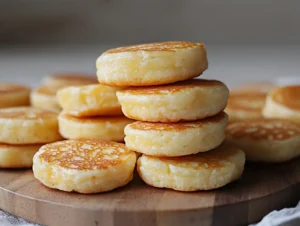 A stack of golden mini pancakes on a wooden serving board.