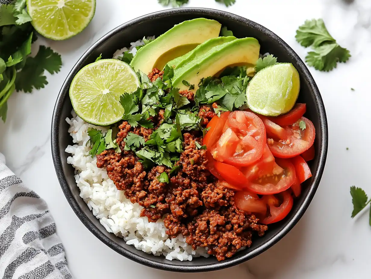 A vibrant taco bowl filled with rice, beef, avocado, and colorful toppings.