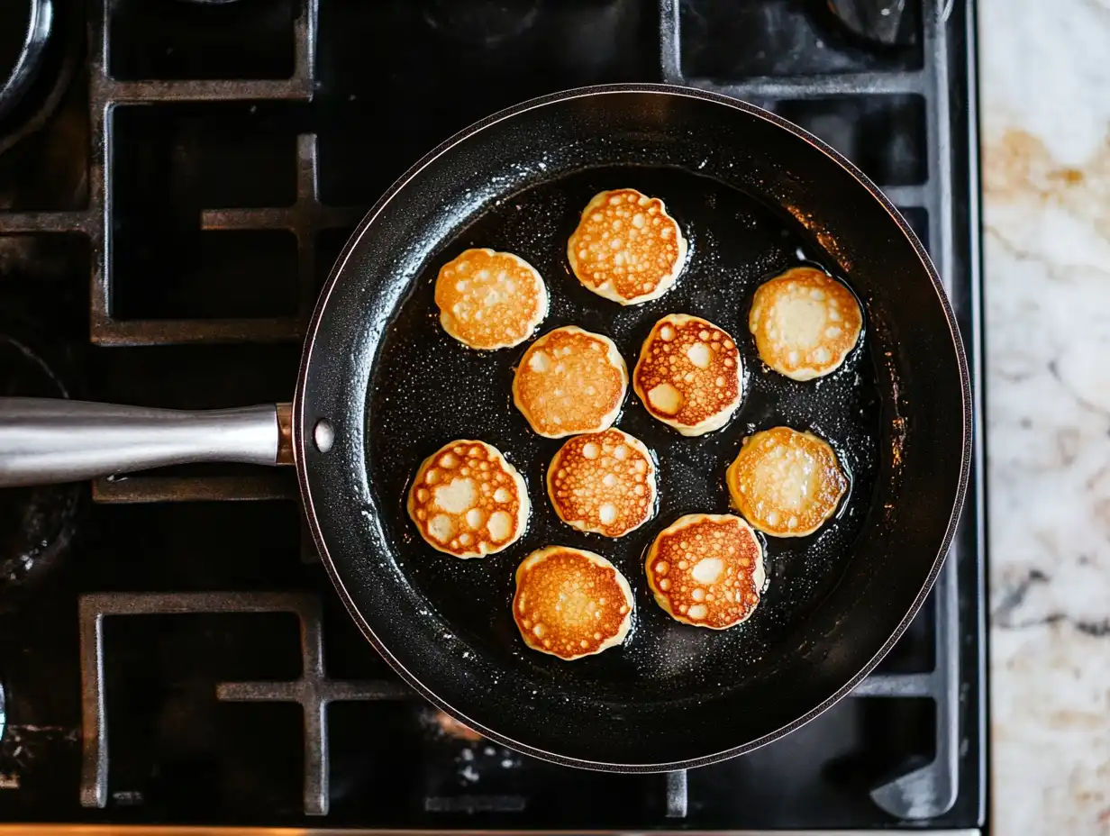 Mini pancakes cooking on a non-stick skillet on a stovetop, with golden edges and bubbles forming on the surface.