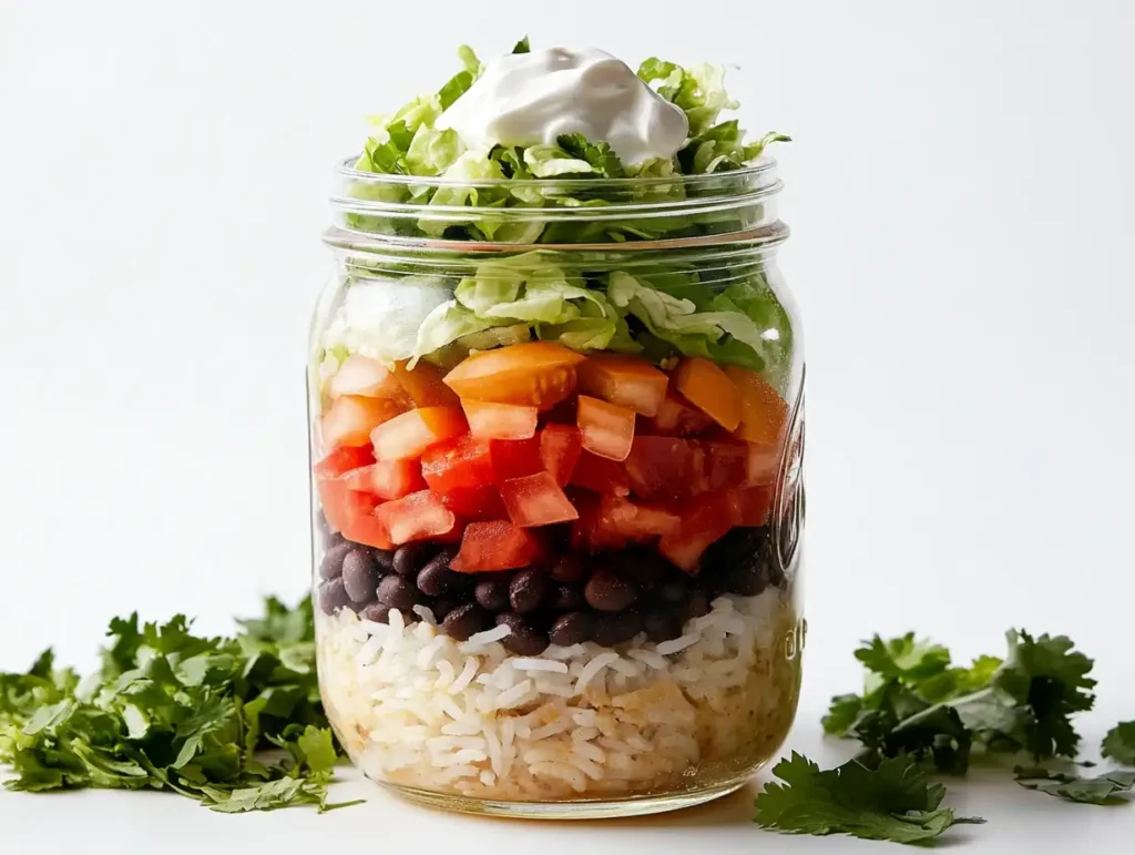 Layers of taco bowl ingredients in a jar