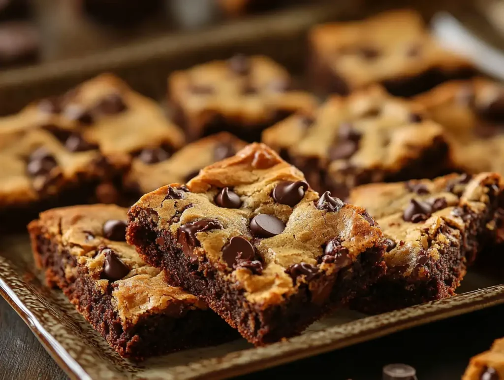 Brookies with distinct brownie and cookie layers on a baking sheet