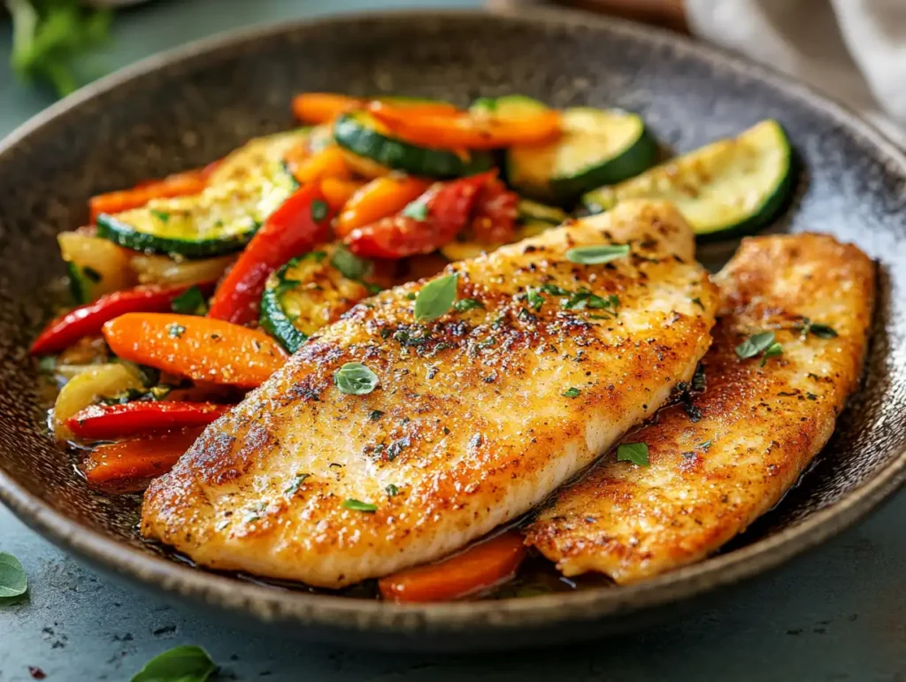 Pan-fried tilapia served with vegetables.
