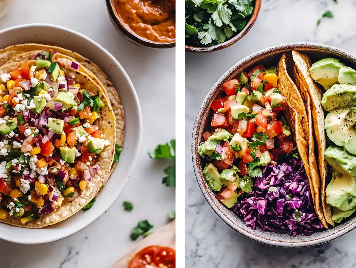 A vibrant tostada with colorful toppings and a taco bowl with fresh ingredients