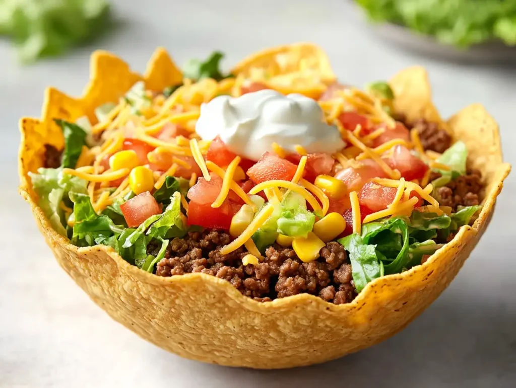 A modern taco bowl with a crispy tortilla shell
