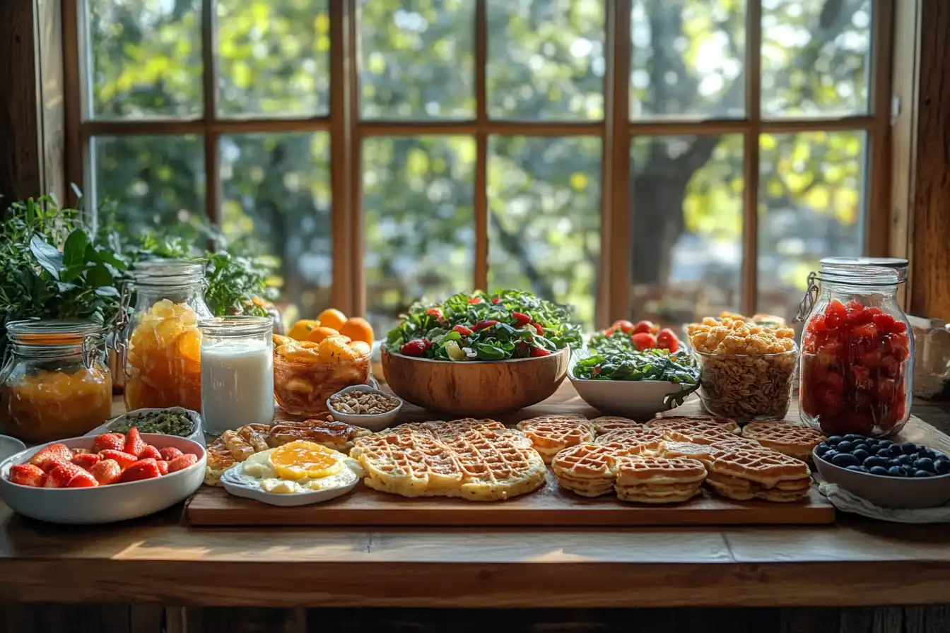 A breakfast table by a sunny window, featuring waffles, sunny-side-up eggs, fresh salads, fruits, jars of preserves, and milk.