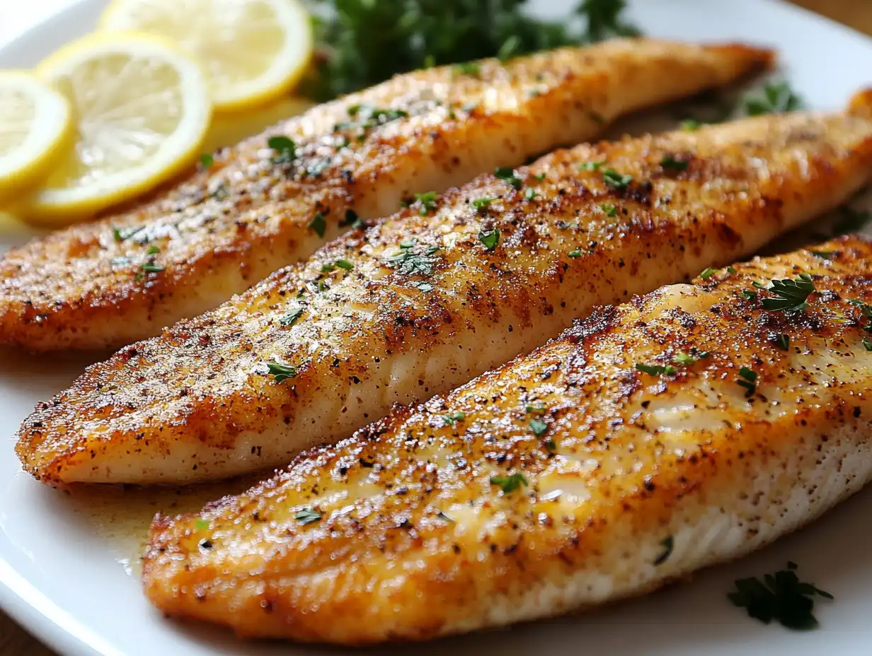 Perfectly cooked steelhead trout fillets with golden crispy skin, garnished with fresh parsley and lemon slices.