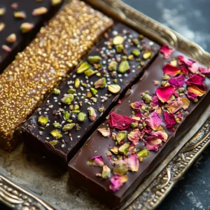 Decorated Dubai chocolate bars with toppings like dried rose petals and sesame seeds.