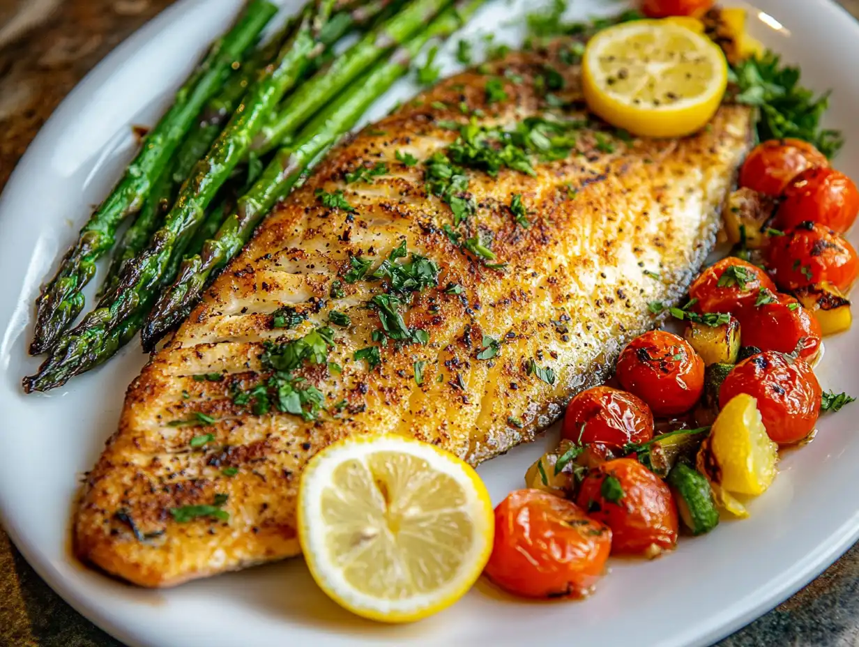 Plate of golden steelhead trout fillet topped with herbs, served with roasted asparagus and cherry tomatoes, garnished with lemon slices.