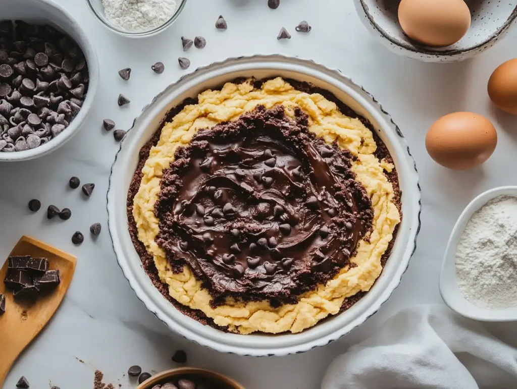 Brookie being assembled with a cookie layer and brownie batter in a round baking dish surrounded by ingredients like eggs, flour, and chocolate chips