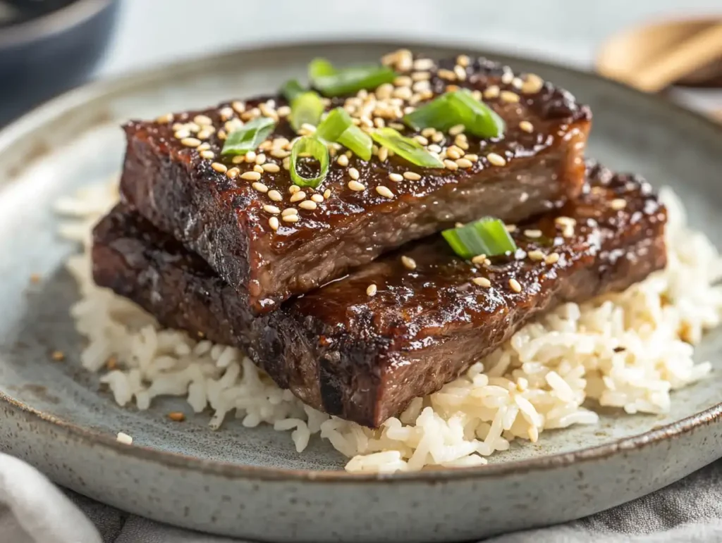 Asian-inspired boneless beef short ribs with rice.