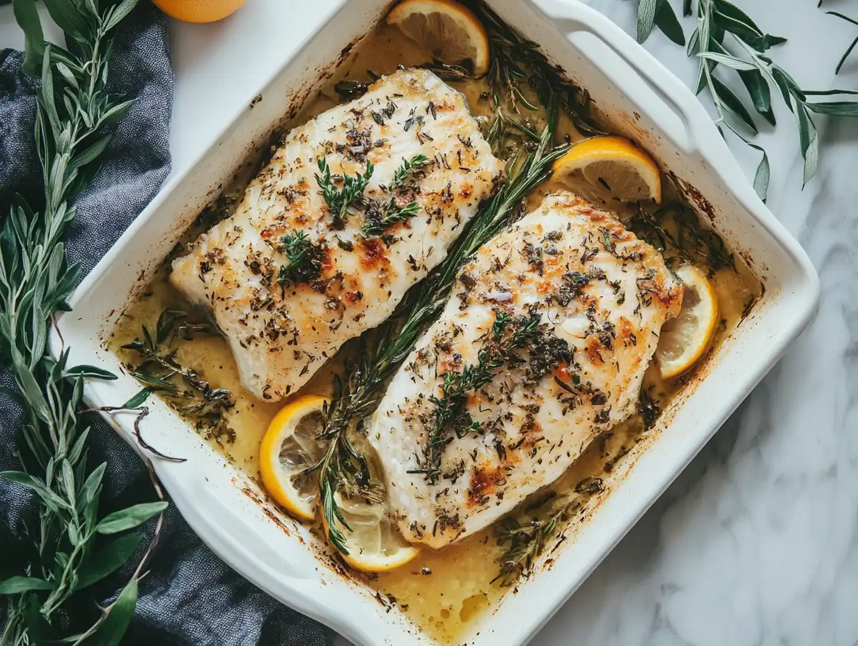 Baked rockfish fillets with herbs and lemon in a ceramic dish