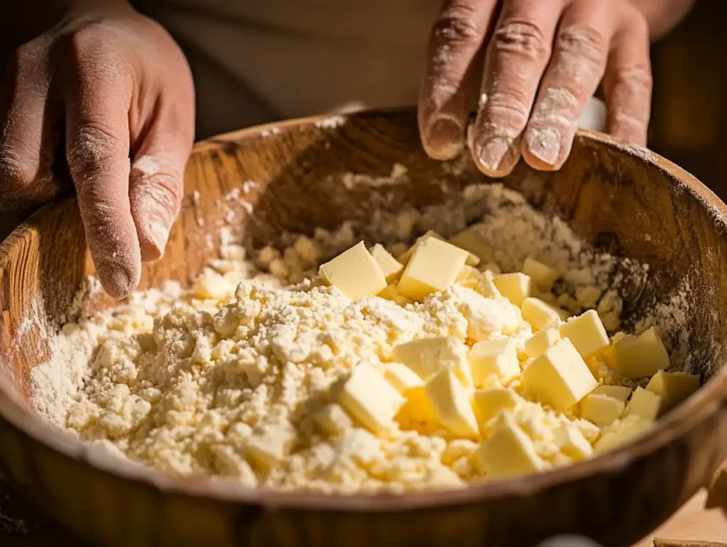 A baker’s hands mixing cold butter into flour for crumble topping.