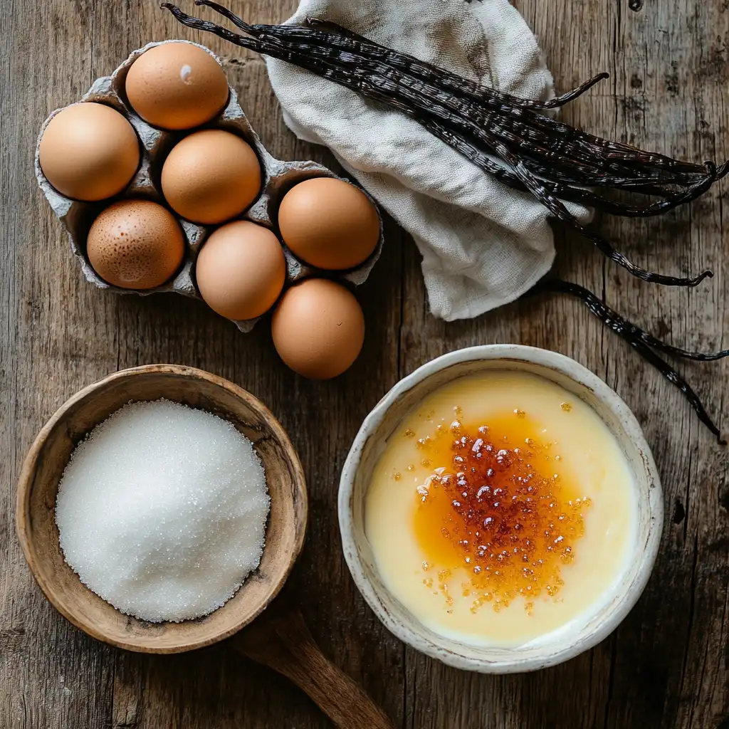 Key ingredients for crème brûlée laid out, including cream, sugar, egg yolks, and vanilla beans.