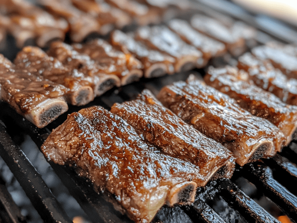 Short ribs grilling on a barbecue