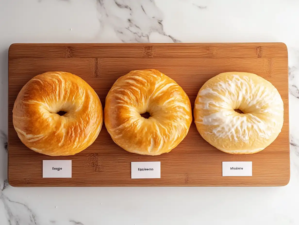 Three bagels showing different egg wash results side by side.