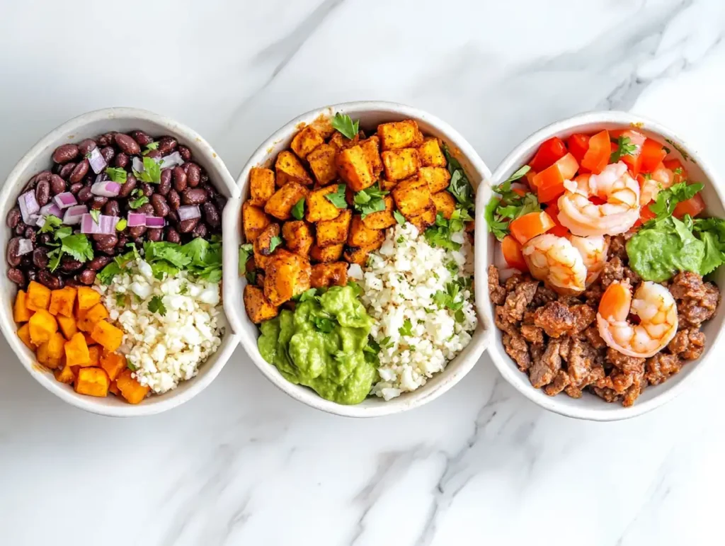 Three different taco bowl variations.