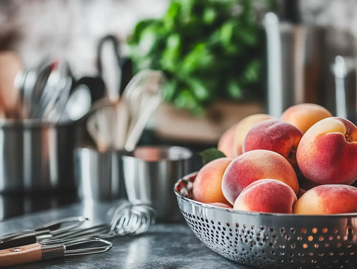 Fresh peaches in a metal colander on a kitchen counter.
