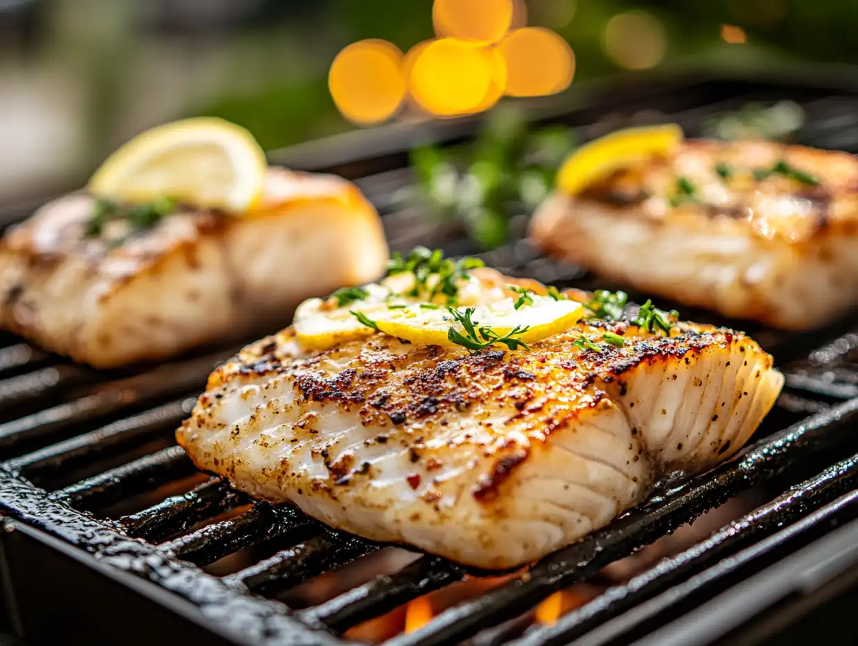 grilling rockfish fillets on a barbecue with fresh lemon slices and herbs