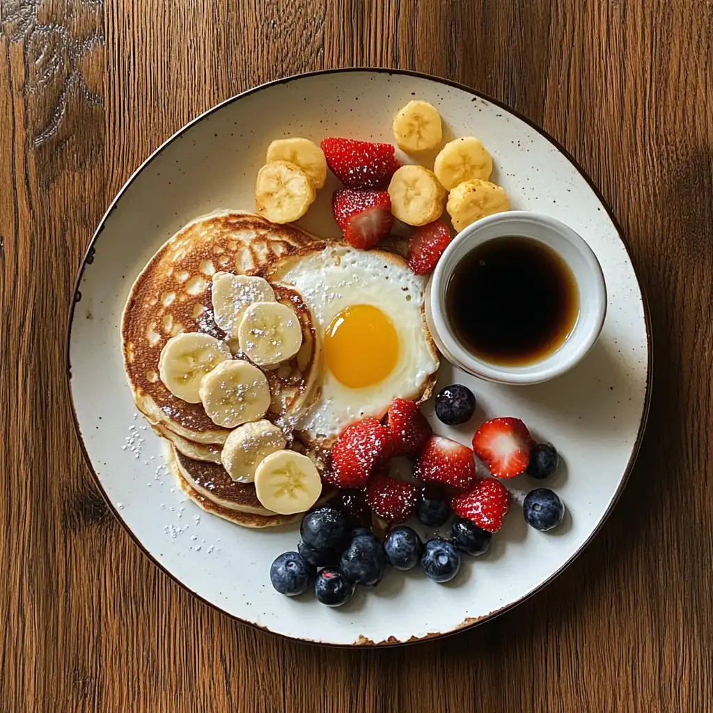 A breakfast plate featuring pancakes topped with banana slices, a sunny-side-up egg, fresh strawberries, blueberries, and a small bowl of syrup.