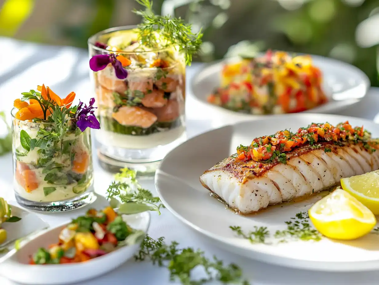 Freshly cooked rockfish dishes served in a rustic setting