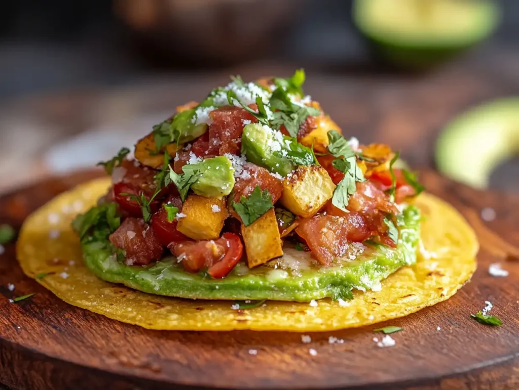 A traditional tostada with guacamole, diced tomatoes, avocado, and crispy tortilla base