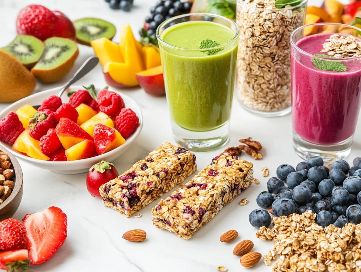 A colorful assortment of plant-based snacks on a wooden table